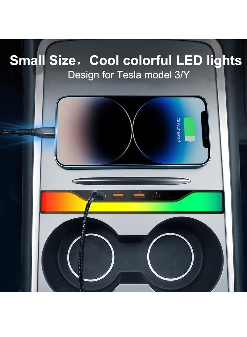 كاست ويف محطة إرساء لتسلا، موزع USB بإضاءة RGB مع طراز 3 طراز Y، شاحن USB للسيارة متعدد المنافذ وملحقات الإضاءة المحيطة الداخلية مناسبة لمحطة إرساء وحدة التحكم المركزية لتسلا (ملونة) - Image 2