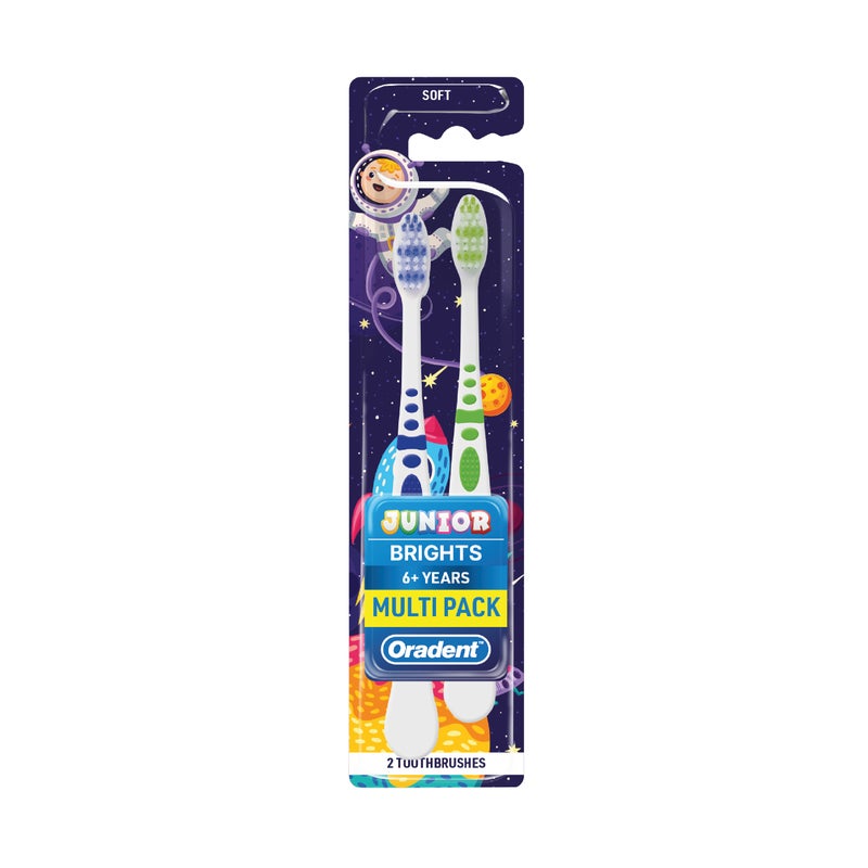 Oradent Junior Brights 6+ Years Toothbrush, Soft Gentle Zigzag Bristles and Anti-Slip Grip for Kids, Pack of 2pcs