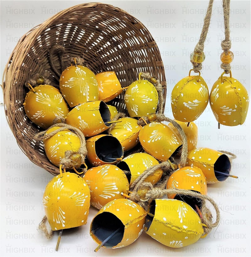 HIGHBIX HIGHBIX 7cm Hand Painted Festive Dcor Hanging Bells Set of 10 with Jute Bag Hand Painted Yellow 7cm 