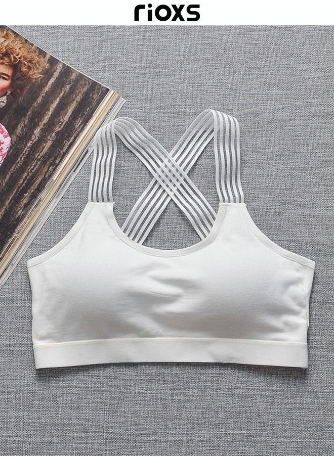 RIOXS - Women Sports Bra Padded Criss-Cross Back Bra Wrapped Chest Seamless Athletic Strappy Bra with Removable Cups White - Image 1