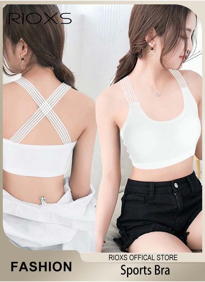 RIOXS - Women Sports Bra Padded Criss-Cross Back Bra Wrapped Chest Seamless Athletic Strappy Bra with Removable Cups White - Image 1
