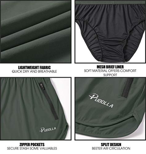 Pudolla Men’s Running Shorts 3 Inch Quick Dry Gym Athletic Workout Shorts for Men with Zipper Pockets(Black Green Medium) - Image 5