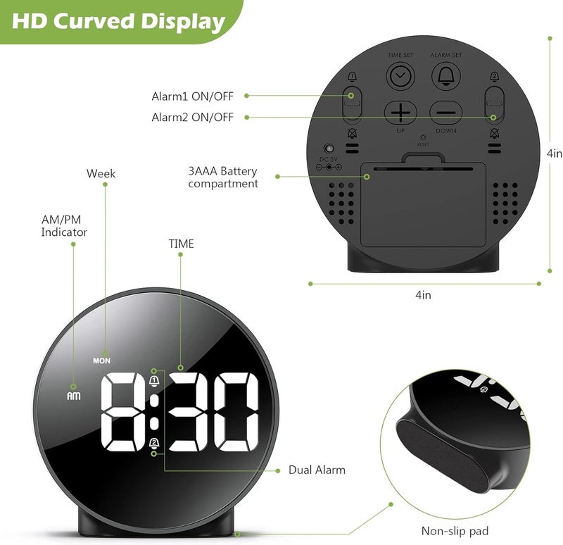 KEYOZA Digital Alarm Clock Round LED Display Desktop Clock with Temperature Display Night Mode Adjustable Brightness Black - Image 5