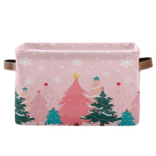 Wamika Christmas Tree Pink Storage Basket with Waterproof Liner and PU Handles Winter Snowflakes Xmas Bells Storage Bins Boxes 142 Collapsible Decorative Organizer Baskets for Bedroom Closet Office 1 Pack - Image 1