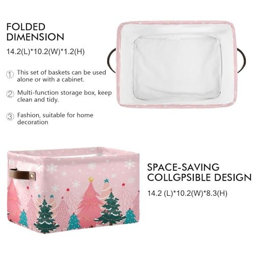 Wamika Christmas Tree Pink Storage Basket with Waterproof Liner and PU Handles Winter Snowflakes Xmas Bells Storage Bins Boxes 142 Collapsible Decorative Organizer Baskets for Bedroom Closet Office 1 Pack - Image 3