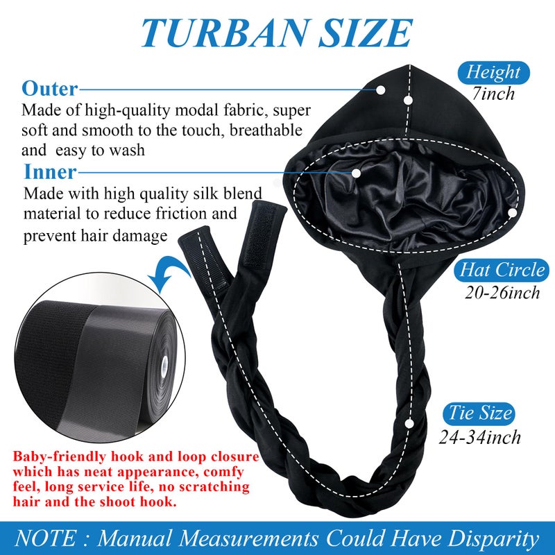 Ababalaya Adjustable Satin Lined Halo Turban Durag for Men &Women, Sleeping Bonnet, Beanie Hats, PRE-Tied Headwraps for Hair Loss Black - Image 2