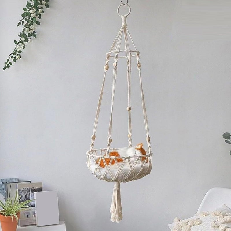 Naroote Macrame Cat Hammock Handwoven Ceiling Cat Swing Kitten Hanging Bed Cute Decoration Comfortable Resting Place for Wall & Window Playing Sleeping Climbing Resting - Image 2