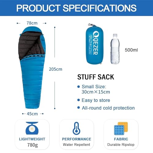 QEZER Ultralight Down Sleeping Bag for Adults 3661 Degree F with 600 Fill Power Compact Three Season Sleeping Bag for Backpacking Hiking and Camping - Image 3