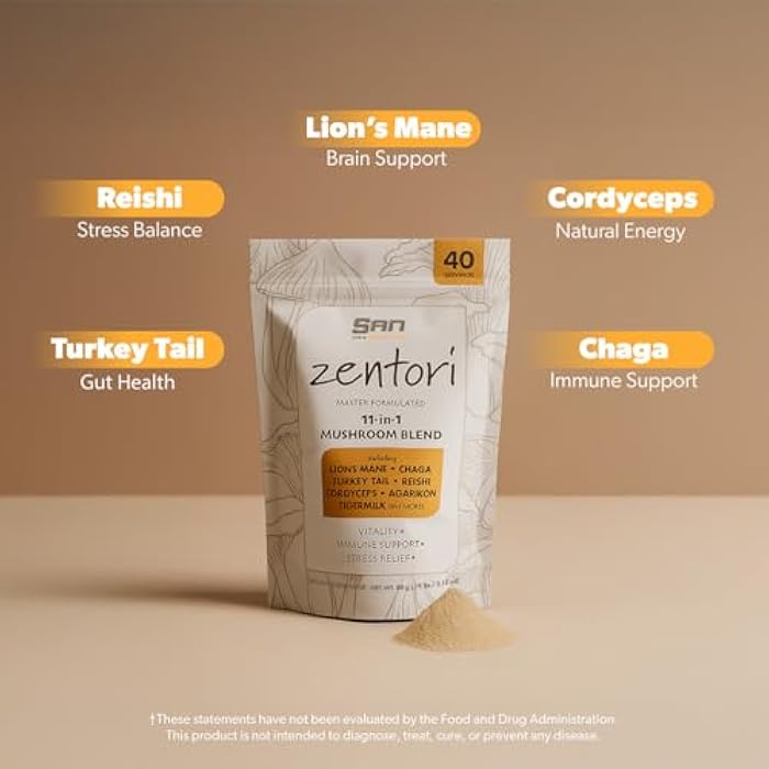 SAN ZENTORI 11-in-1 Mushroom Supplement Powder – Lions Mane, Chaga Turkey Tail, Reishi, Cordyceps, Agarikon, Tigermilk - 40 Servings - Image 3