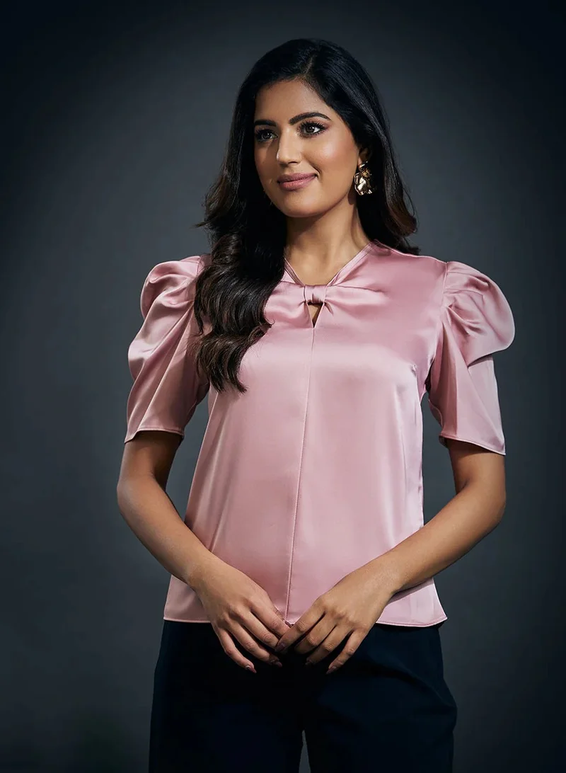 Zigzag Front Bow Attached Pink Satin Top- Pink
