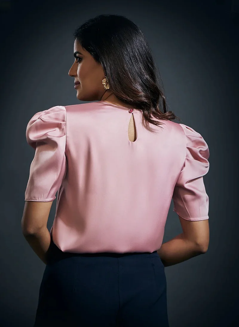 Zigzag Front Bow Attached Pink Satin Top- Pink