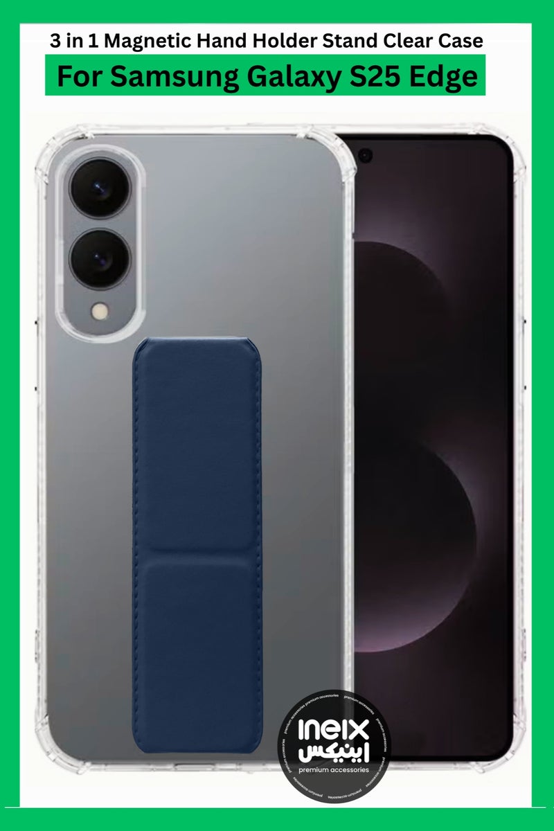 INEIX 3-in-1 Magnetic Transparent Wrist Strap Hand Grip Stand Back Case Cover for Samsung Galaxy S25 Edge 5G 2025, Finger Grip Soft Cover,Stand Holder TPU Case,Kickstand-Clear/Navy Blue