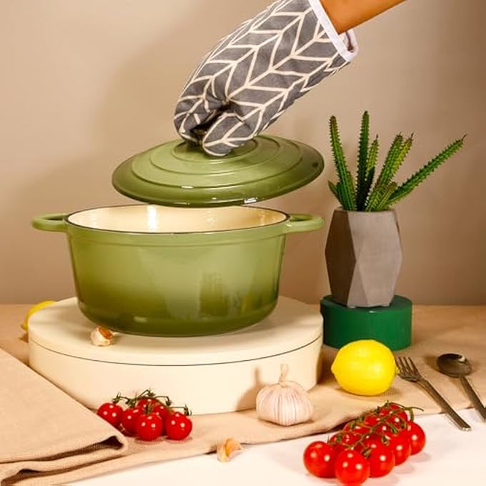 rayihni Healthy And Safe NonStick Enameled 7Pcs Set Of Cast Iron Dutch Oven Cookwares Set Includes 24Cm Dutch Oven Fry Pan 18Cm 21Cm 24Cm Dutch Oven Cookwares With Lids And Gloves - Image 5