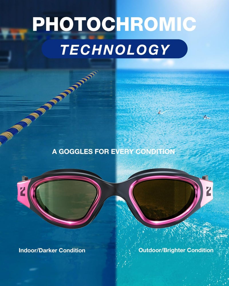 ZIONOR Swim Goggles, G1 ULTRA Photochromic Polarized Swimming Goggles for Men Women Adult, UV Protection Leakproof Easy Adjustable Strap for Indoor Outdoor Swimming (Polarized + Pink) - Image 3