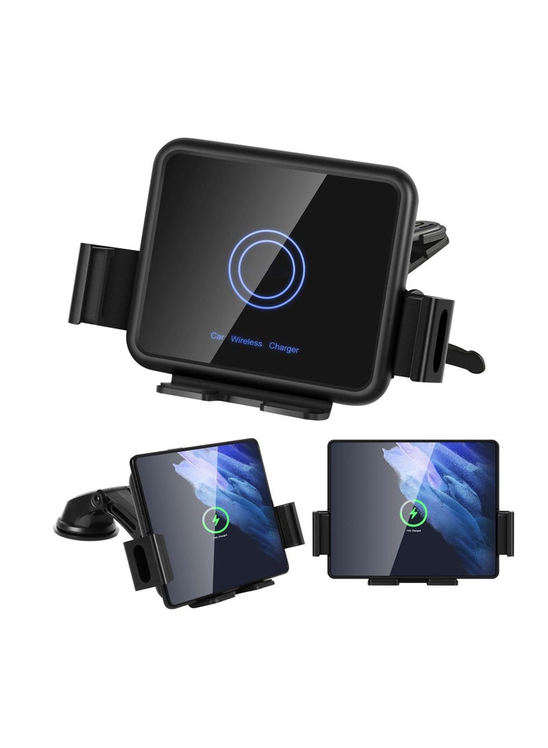 KASTWAVE 20W Qi Wireless Car Charger Mount Holder Compatible for Samsung Galaxy Z Fold4 Fold3 Z Fold2 Fold S22 Ultra, Two Coil Support Portrait Unfold Auto Clamping Charging Car Mount with Cooling Fan - Image 1
