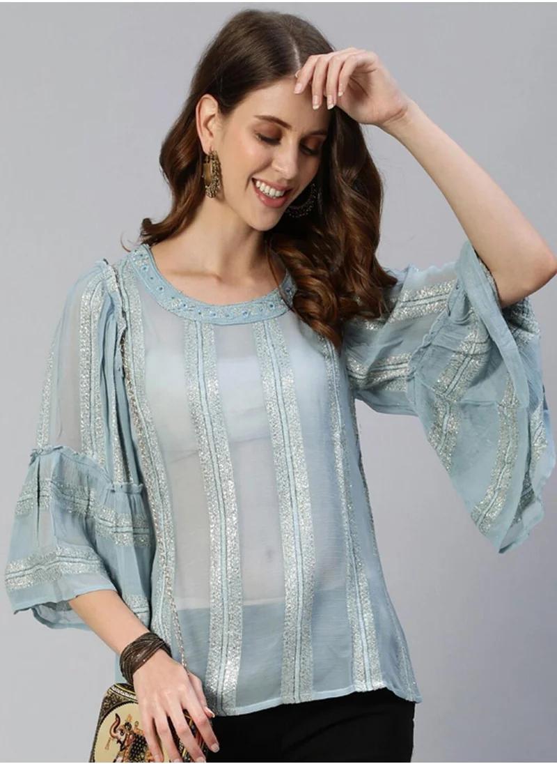 آي شين Women's Blue 100% Cotton Printed Tunic Regular Fit Tops