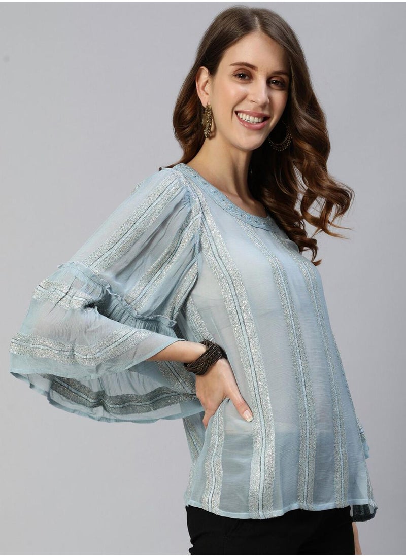 ISHIN Women's Blue 100% Cotton Printed Tunic Regular Fit Tops  - Image 3