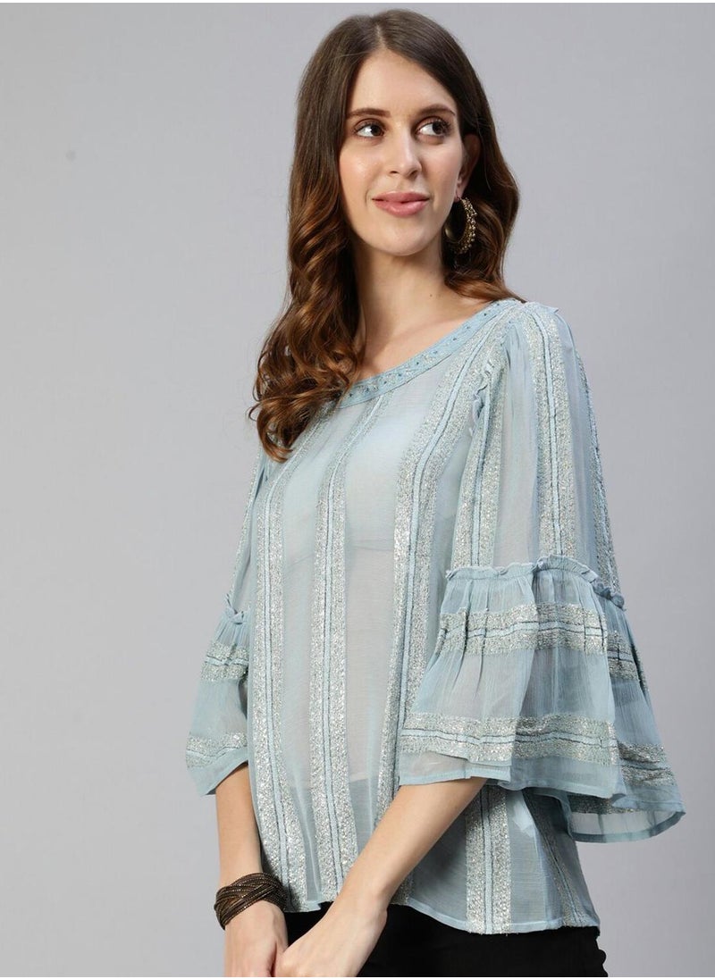 ISHIN Women's Blue 100% Cotton Printed Tunic Regular Fit Tops  - Image 5
