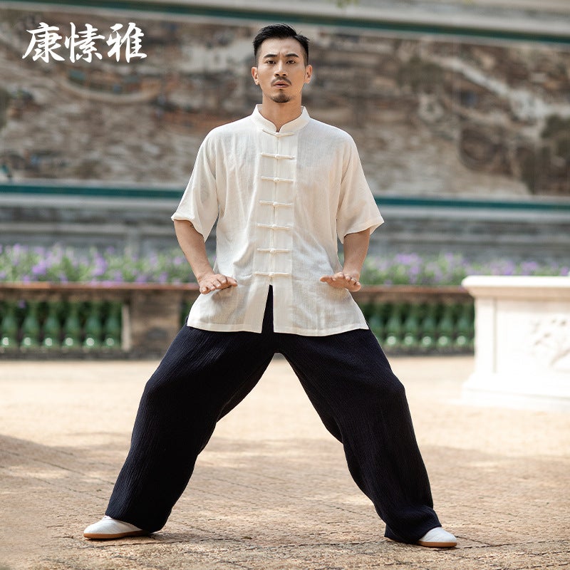 Wholesale Summer New Short-sleeved Tai Chi Suit Women's Wushu Performance Training Suit Men's Loose Retro Tai Chi Suit - Image 3