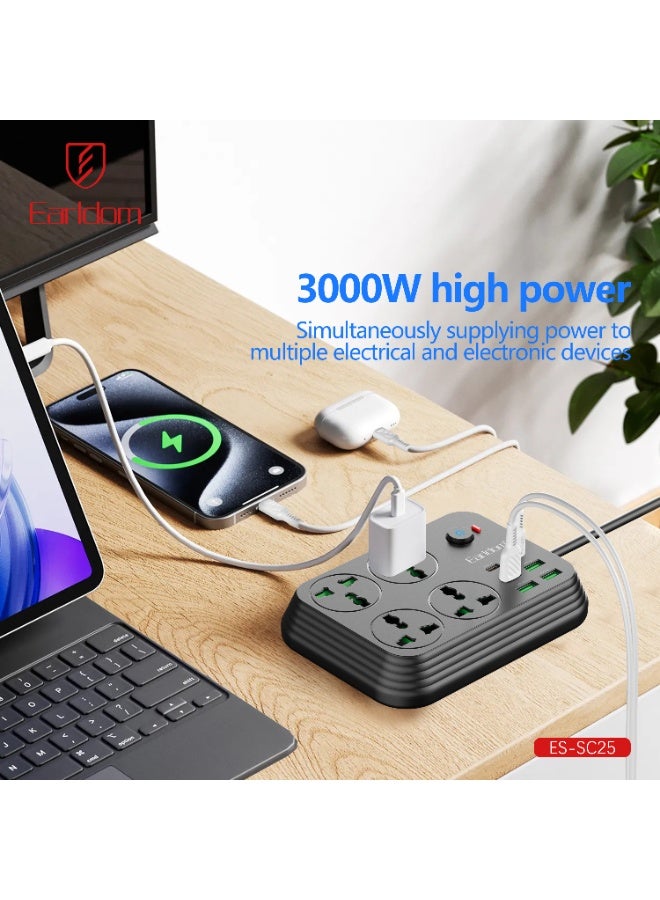 Earldom SC25 3000W Power Strip Extension with 4 AC Outlets, 4 USB Ports, and 2 USB-C PD Fast Charging Ports Multi Plug Charging Station with Overload Protection and 2 Meter Cable for Home, Office, Gaming Setup, Laptops, Phones, and Smart Devices - Image 3
