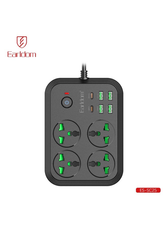 Earldom SC25 3000W Power Strip Extension with 4 AC Outlets, 4 USB Ports, and 2 USB-C PD Fast Charging Ports Multi Plug Charging Station with Overload Protection and 2 Meter Cable for Home, Office, Gaming Setup, Laptops, Phones, and Smart Devices - Image 2