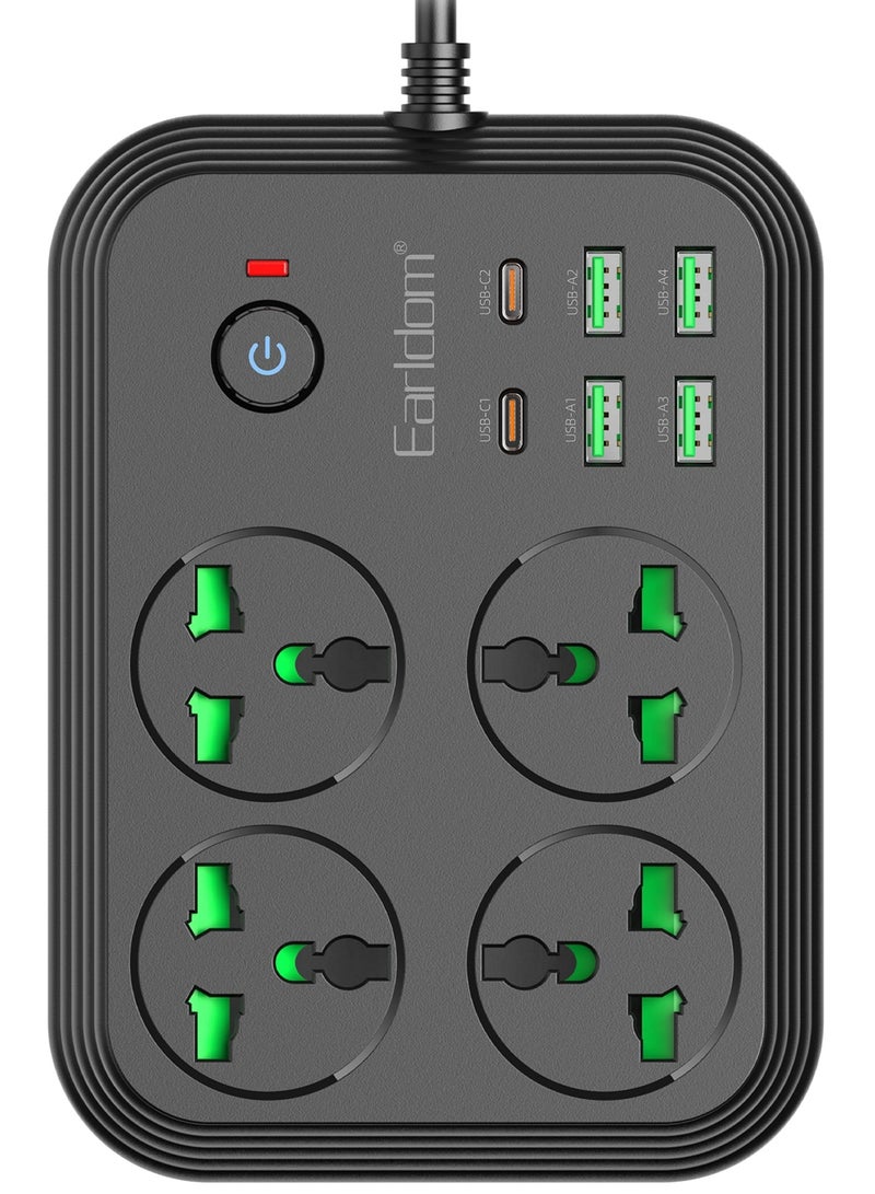 Earldom SC25 3000W Power Strip Extension with 4 AC Outlets, 4 USB Ports, and 2 USB-C PD Fast Charging Ports Multi Plug Charging Station with Overload Protection and 2 Meter Cable for Home, Office, Gaming Setup, Laptops, Phones, and Smart Devices - Image 1