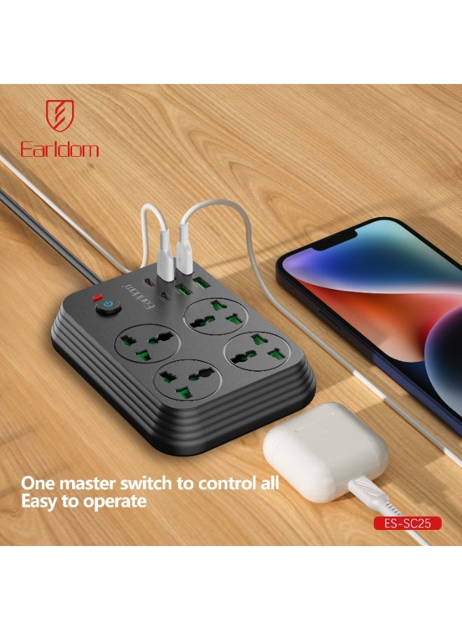 Earldom SC25 3000W Power Strip Extension with 4 AC Outlets, 4 USB Ports, and 2 USB-C PD Fast Charging Ports Multi Plug Charging Station with Overload Protection and 2 Meter Cable for Home, Office, Gaming Setup, Laptops, Phones, and Smart Devices - Image 4