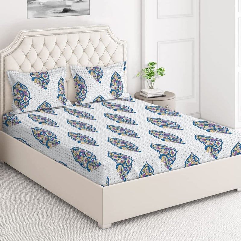 Layers Duracount Bedsheet Set for All Seasons Lightweight Moisture Absorbent Machine Washable Easy to Care Gift for Housewarming More 225 CVC King Size Blue Ethnic