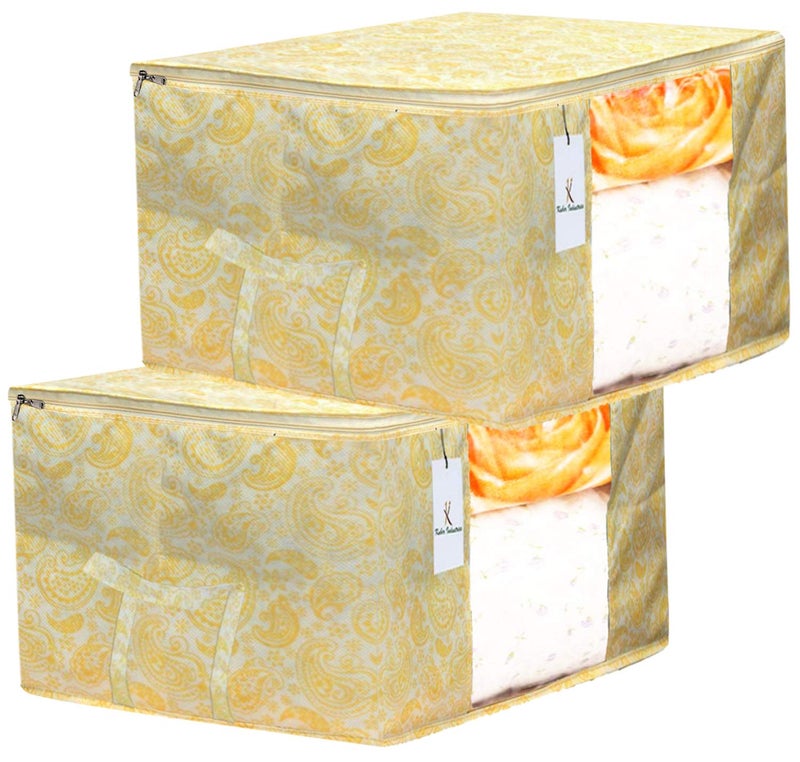 Kuber Industries Heart Home Leaf Design 2 Piece Non Woven Underbed Storage BagStorage OrganiserBlanket Cover with Transparent WindowExtra Large Gold CTHH15617