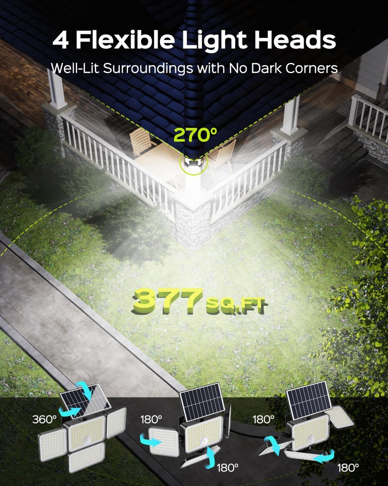 JACKYLED Solar Lights for Outside, 304 LED 8500K Motion Sensor Outdoor Light, 4 Adjustable Heads 3 Mode Solar Flood Lights, IP65 Waterproof LED Security Lights for Yard Patio Wall (2 Pack) - Image 2