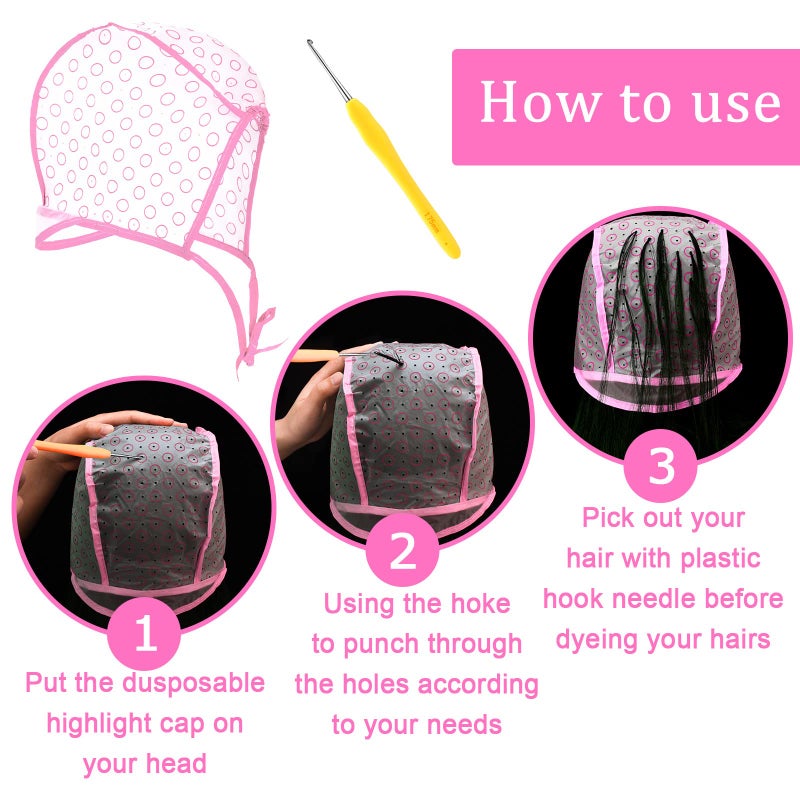 Waydress 6 Pieces Highlight Hair Cap Salon Hair Coloring Highlighting Dye Tipping Cap Frosting Caps with 4 Pieces Highlighting Needles Crochet Hooks for Dyeing Hairdressing Tool(Purple/Blue/Pink) - Image 3