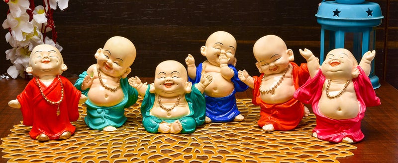 Karigaari India Handcrafted Resin Little Laughing Buddha Monk Sculpture Set of 6 Multicolor Religious Spiritual Home Decor Positive Energy Lucky Buddha Figurines Showpieces Gift Collection - Image 1