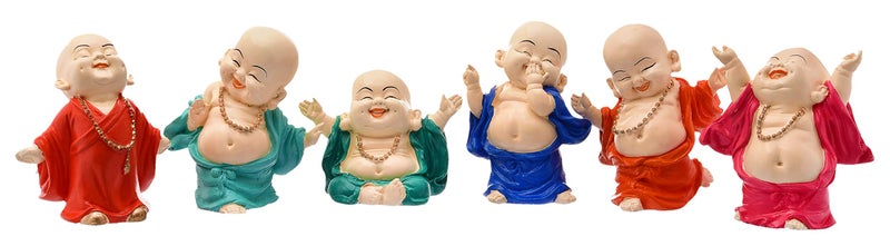 Karigaari India Handcrafted Resin Little Laughing Buddha Monk Sculpture Set of 6 Multicolor Religious Spiritual Home Decor Positive Energy Lucky Buddha Figurines Showpieces Gift Collection - Image 2