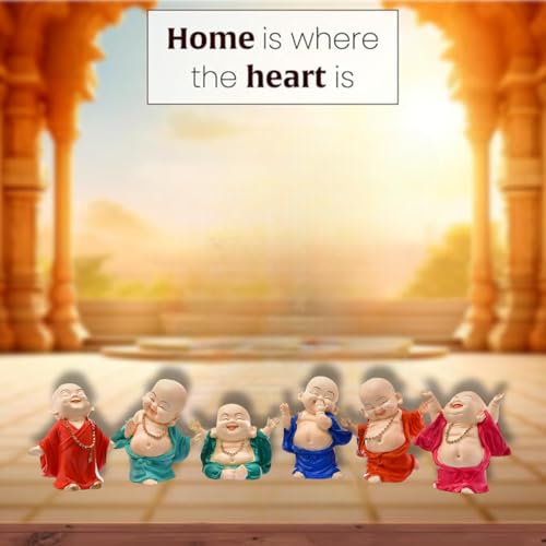Karigaari India Handcrafted Resin Little Laughing Buddha Monk Sculpture Set of 6 Multicolor Religious Spiritual Home Decor Positive Energy Lucky Buddha Figurines Showpieces Gift Collection - Image 3