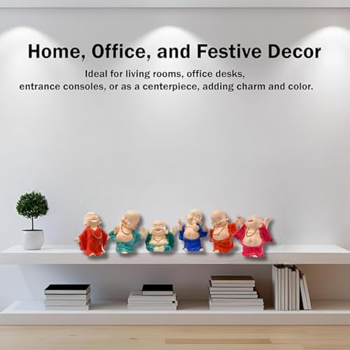 Karigaari India Handcrafted Resin Little Laughing Buddha Monk Sculpture Set of 6 Multicolor Religious Spiritual Home Decor Positive Energy Lucky Buddha Figurines Showpieces Gift Collection - Image 4