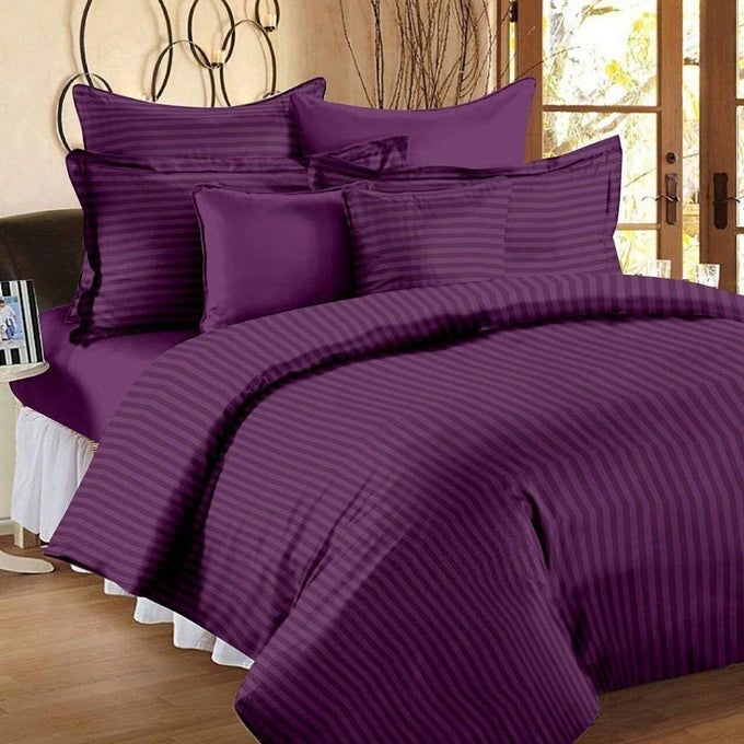 100% COTTON 210 TC SATIN STRIPE KING SIZE BEDSHEET WITH 2 PILLOW COVERS,FLAT BEDSPREAD FOR KING SIZE MATTRESS - (108 X 108 INCH) (DARK PURPLE, KING 108X108)
