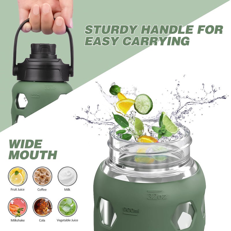 MUKOKO Glass Water Bottles, 32oz Glass Tumbler with Straw, Drinking Bottles with 2 Lids-Handle Spout Lid&Bamboo Straw Lid, Motivational Water Bottle with Time Marker and Silicone Sleeve, 1 Pack-Olive - Image 5