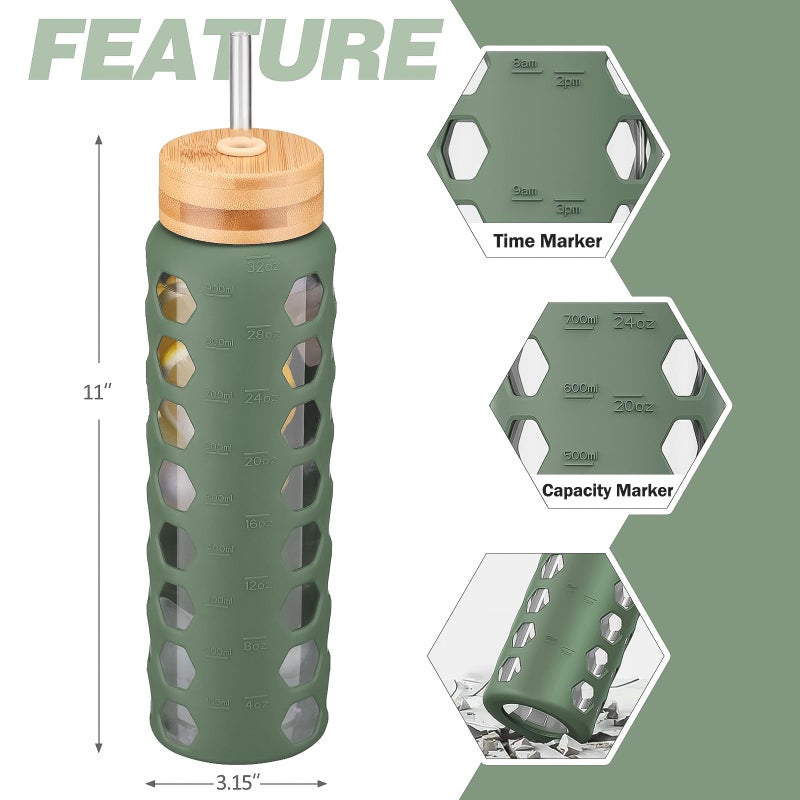 MUKOKO Glass Water Bottles, 32oz Glass Tumbler with Straw, Drinking Bottles with 2 Lids-Handle Spout Lid&Bamboo Straw Lid, Motivational Water Bottle with Time Marker and Silicone Sleeve, 1 Pack-Olive - Image 3
