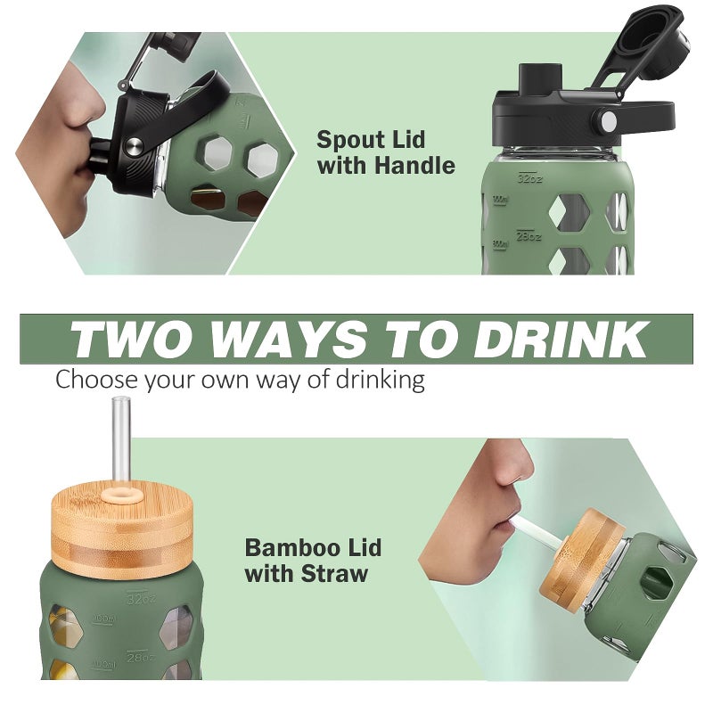 MUKOKO Glass Water Bottles, 32oz Glass Tumbler with Straw, Drinking Bottles with 2 Lids-Handle Spout Lid&Bamboo Straw Lid, Motivational Water Bottle with Time Marker and Silicone Sleeve, 1 Pack-Olive - Image 2