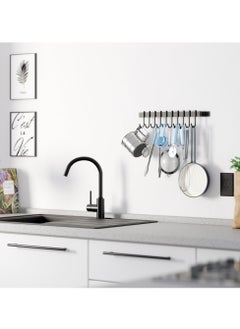 SYOSI Wall Mounted Pot Rack with 10 Hooks, 17 Inch Black Kitchen Rail Utensil Rack, Hanging Utensils Holder for Pots and Pans, Kitchen Utensils Hanger  - Image 3