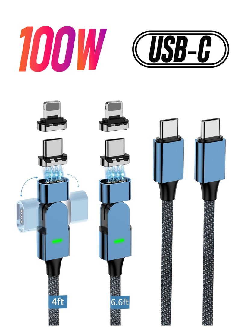 Zikra 100W 180° Rotation Magnetic Charging Cable, 2 in 1 USB C to USB C/ Lightnlng Charger Cable (2 Pack, 4/ 6.6ft}, 480Mbps Data Transfer, for iPhone 15,14, iPad, MacBook Pro, Galaxy S22 (Blue) - Image 1