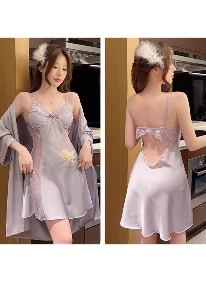 LANG SHA Langsha Women's Lace Hollow Out Sling Nightgown With Chest Pad Imitation Silk Thin Section Ladies Home Wear - Image 4
