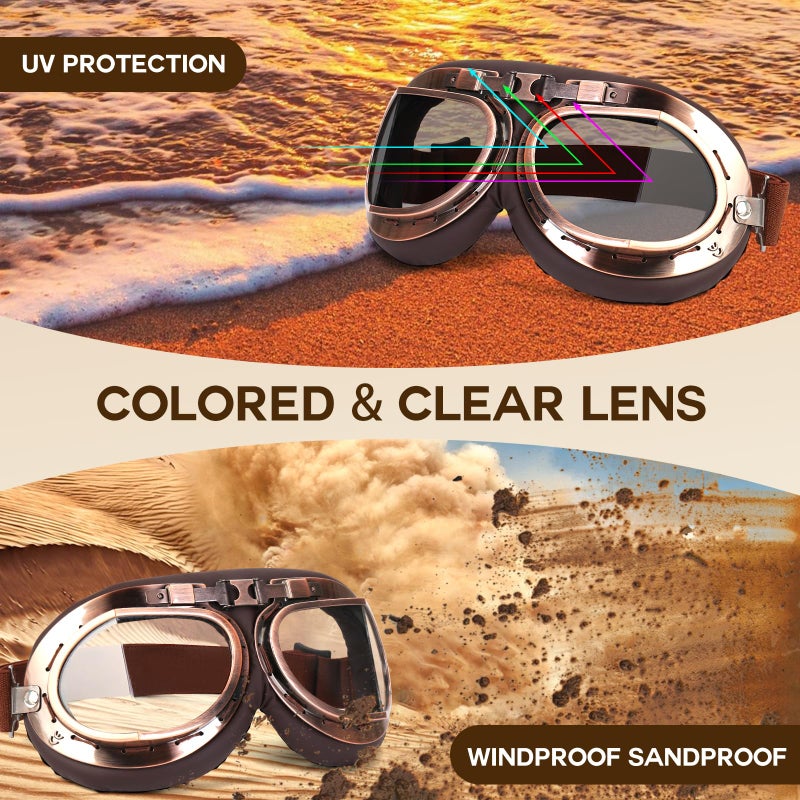 Lievermo Vintage Helmet Goggles 2 Pack Motorcycle Dirt Bike ATV Goggles Vintage Pilot Aviator Cruiser Scooter Off Road Motorcross Eyewear Glasses Dustproof Windproof for Men Women (Smoke+Clear) - Image 5