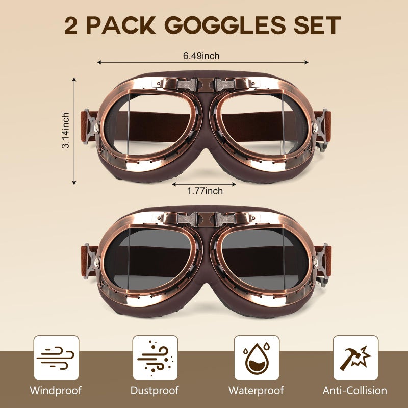 Lievermo Vintage Helmet Goggles 2 Pack Motorcycle Dirt Bike ATV Goggles Vintage Pilot Aviator Cruiser Scooter Off Road Motorcross Eyewear Glasses Dustproof Windproof for Men Women (Smoke+Clear) - Image 3