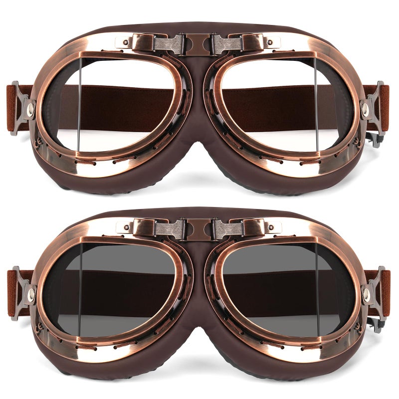 Lievermo Vintage Helmet Goggles 2 Pack Motorcycle Dirt Bike ATV Goggles Vintage Pilot Aviator Cruiser Scooter Off Road Motorcross Eyewear Glasses Dustproof Windproof for Men Women (Smoke+Clear) - Image 1