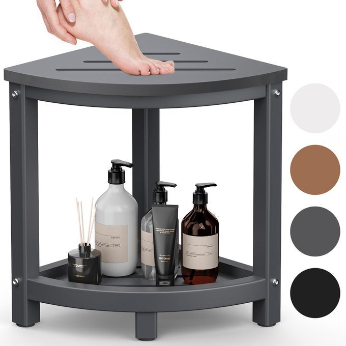 SHOWER STOOL FOR INSIDE SHOWER CORNER SHOWER BENCH SEAT HDPE WATERPROOF SHOWER STOOL FOR SHAVING LEGS WITH BAFFLE STORAGE SHELF SHOWER SEATFOOT REST FOR BATHROOM INDOOROUTDOOR USE GREY