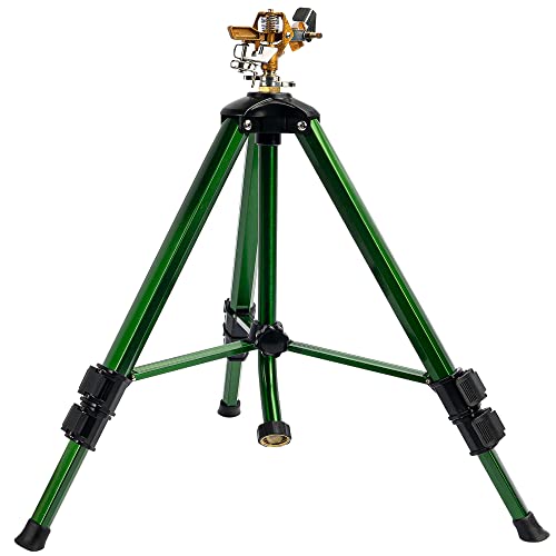 Hourleey Impact Sprinkler on Tripod Base, Heavy Duty Brass Sprinklers for Yard Lawn Garden, 0-360 Degree Large Area Coverage, 3/4 Inch Connector Extension Legs Flip Locks with Brass Sprinkler Head - Image 1
