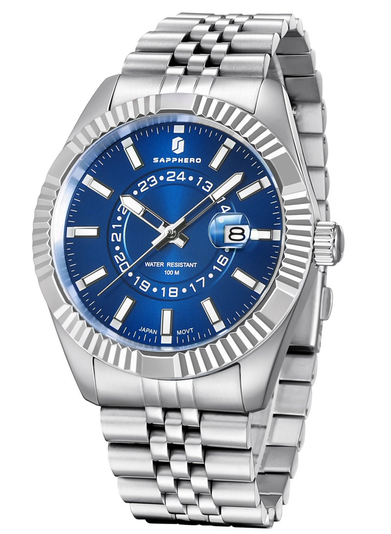 Sapphero Mens Watches 10ATM Waterproof Watch for Men Japanese Quartz Stainless Steel/Silicone Band Strap Blue/Green Date Casual Business Wristwatch Gift for Men - Image 1