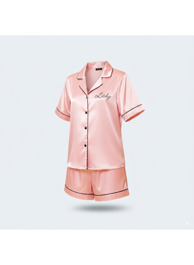 LADY Women's Pink Satin Pajama Set – Button-Up Shirt & Comfortable Shorts Sleepwear - Image 5