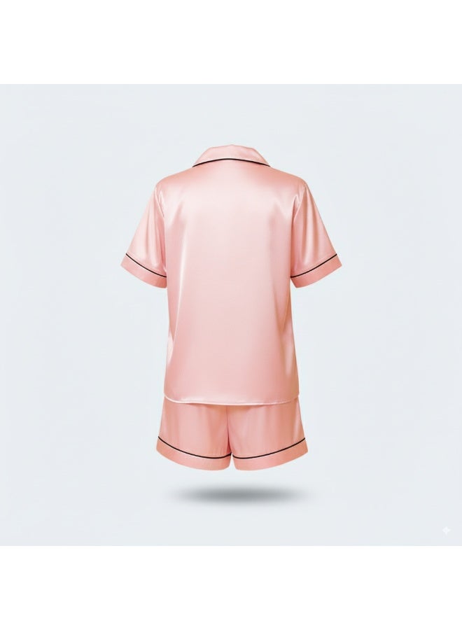 LADY Women's Pink Satin Pajama Set – Button-Up Shirt & Comfortable Shorts Sleepwear - Image 4